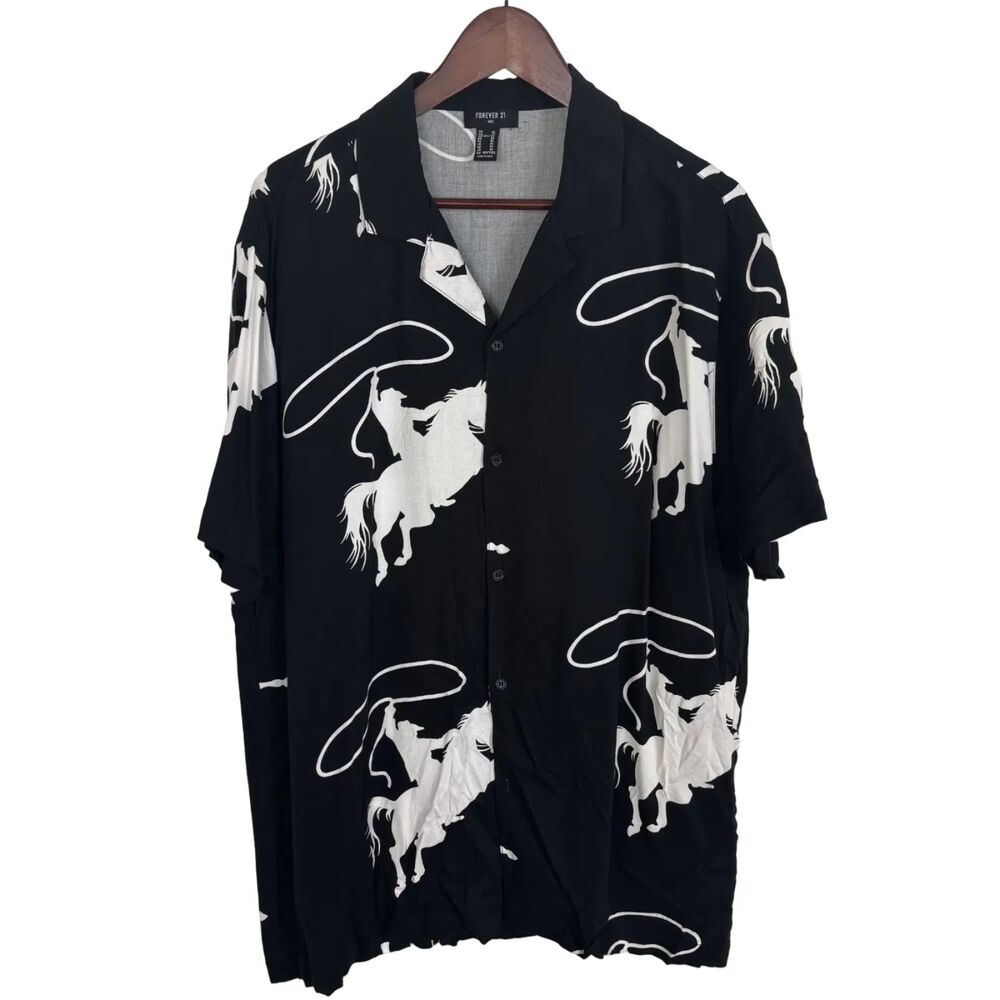 Forever 21 Black White Rodeo Cowboy Short Sleeve Button Down Shirt Men's XL